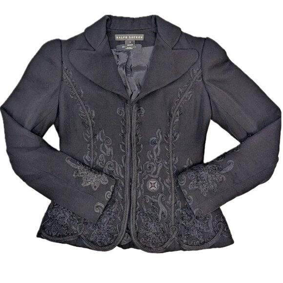 VINTAGE Ralph Lauren Black Label | Black Embroidered Corset Wool Blazer Size 4 - Picture 1 of 16